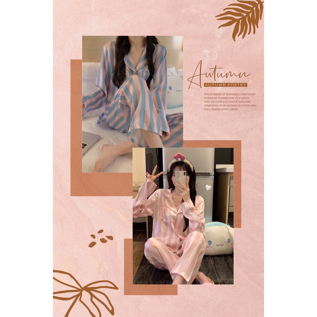 BỘ ĐỒ NGỦ MẶC NHÀ LỤA SATIN HOẠ TIẾT KẺ SỌC MÀU SẮC HOT 2021