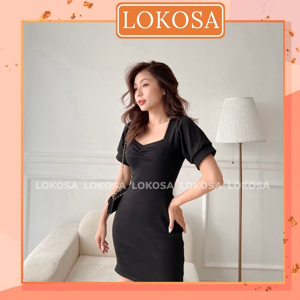 Đầm Ôm Body LOKOSA Váy Body Sexy Tay Ngắn Nữ Thiết Kế Ôm Dáng Nhún Eo Cổ Tim Vải Thun Đi Dự Tiệc Sang Trọng VD063