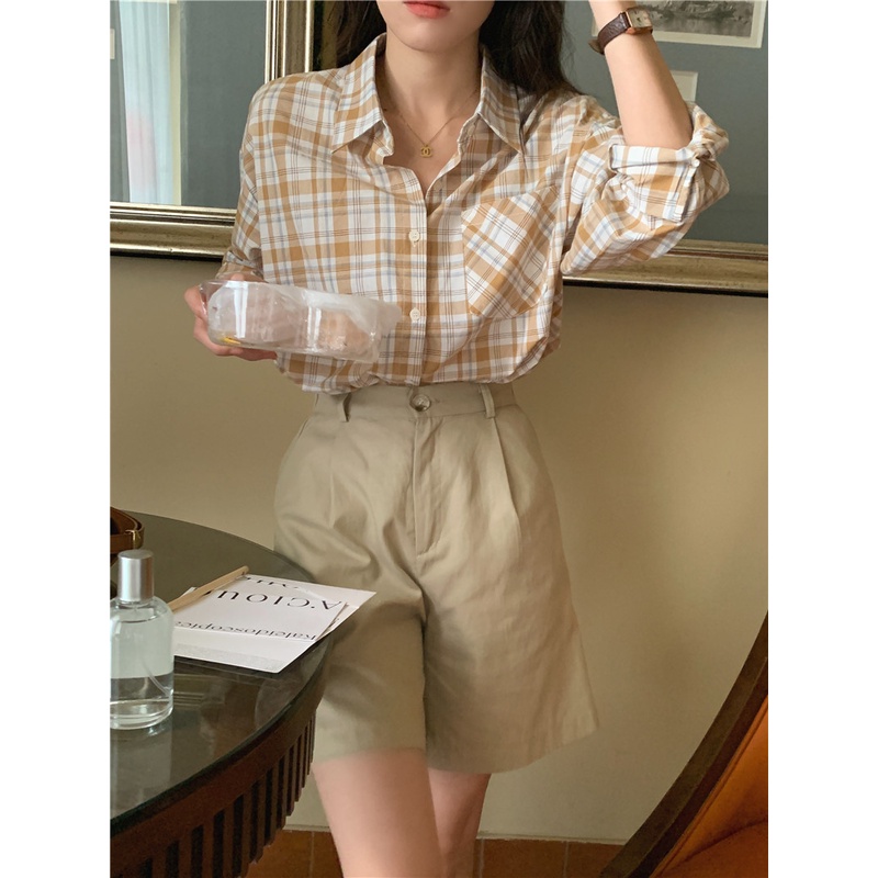 Áo Sơ Mi Tay Dài Dáng Rộng Sọc Ca Rô Thời Trang Retro Hàn Quốc Cho Nữ