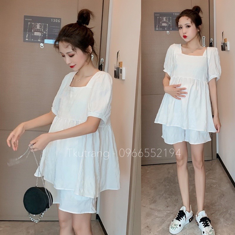SET BỘ Bầu hồng Babydoll đũi nhăn cho mẹ bầu