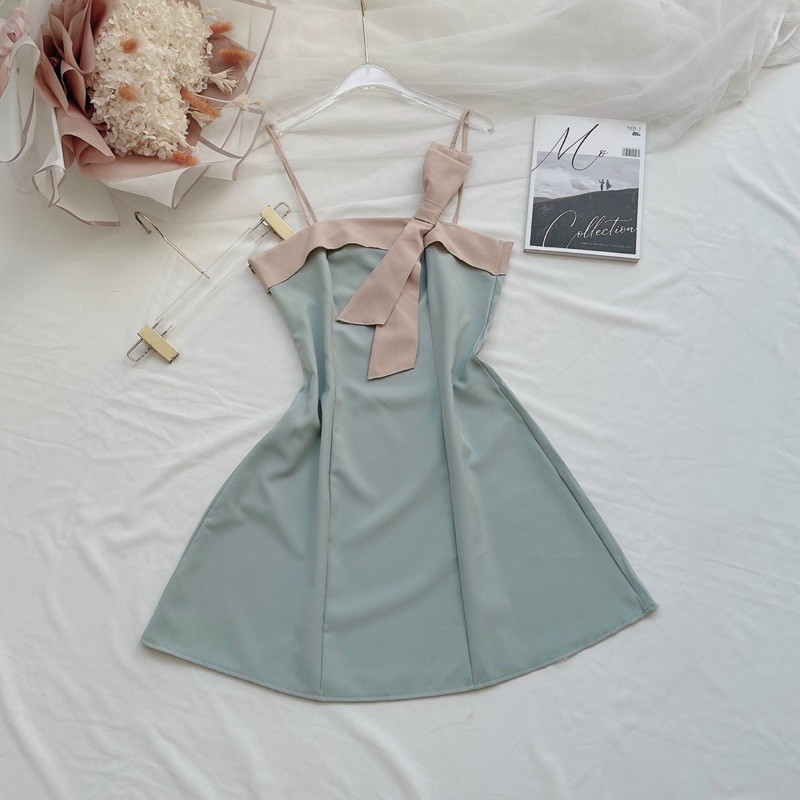 Đầm 2 dây phối màu nơ kute chất vải Tuyết Mưa Free Size 40-50kg dành cho nữ | BigBuy360 - bigbuy360.vn