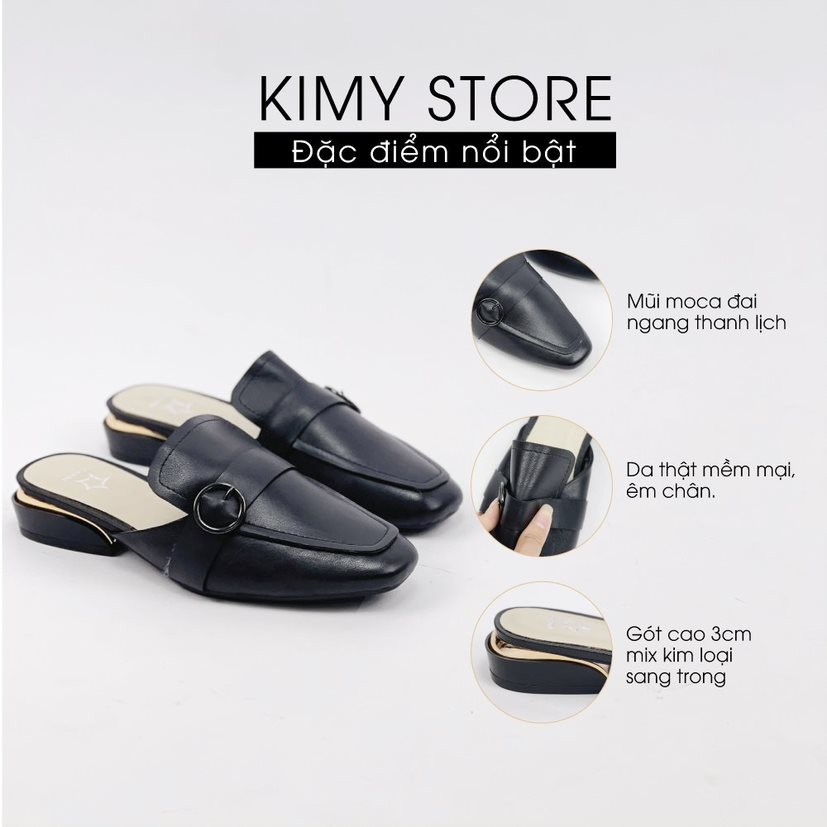 Sục nữ VNXK mũi vuông da thật, dép sục nữ đế bệt đai da khuy kim loại - Hàng VNXK - Kimy Store