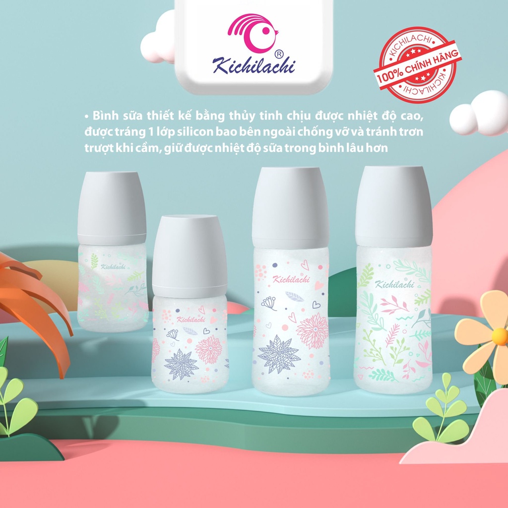Bình Sữa Cho Bé Kichilachi,chất Liệu Thủy Tinh Tráng Silicon Siêu Nhẹ 150ml/240ml [KÈM NÚM TI]