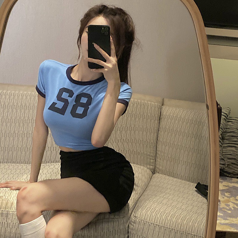 Áo hở rốn/chân váy ngắn dáng ôm in họa tiết phong cách Hàn Quốc đơn giản thời trang cho nữ (có bán lẻ)