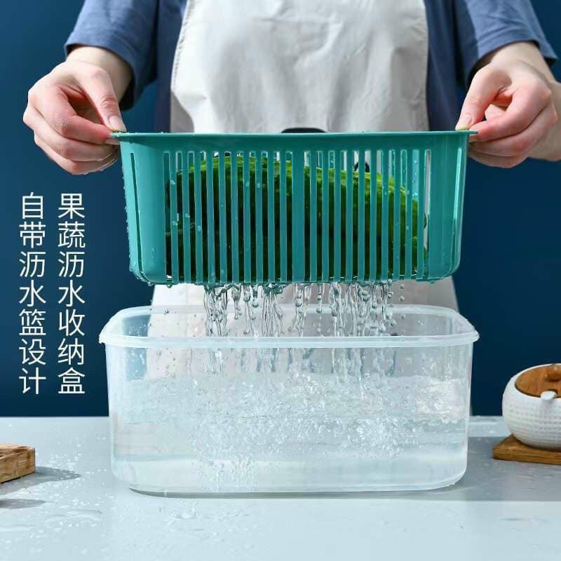 Bộ 5 hộp đựng đồ rau củ quả để tủ lạnh 2 lớp có nắp đậy màu xanh cao cấp