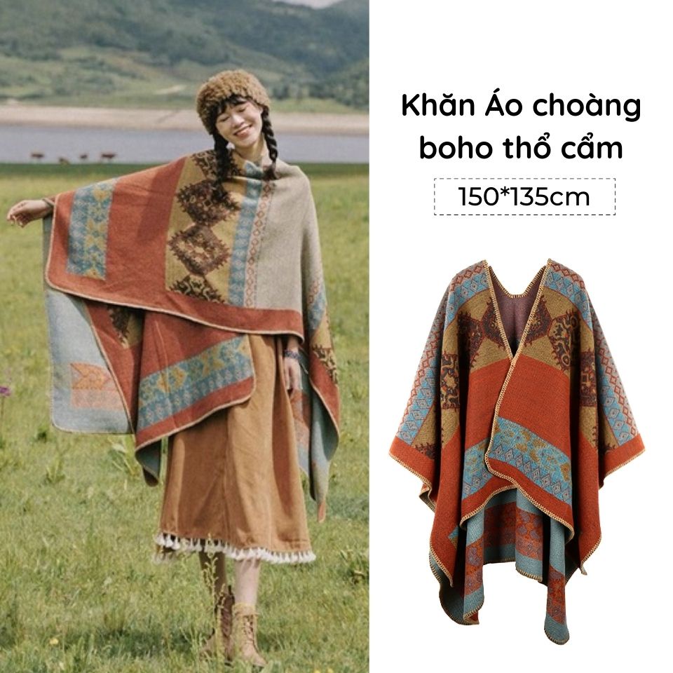 Khăn áo choàng thổ cẩm boho mùa thu đông nữ áo choàng poncho len dạ dày ấm kiểu khoác ngoài - Mã AC004 The Collar Box
