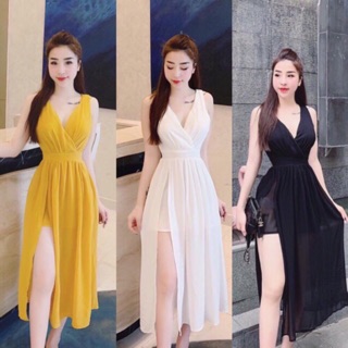 Đầm maxi voan cổ V xẻ tà sang chảnh + Ảnh thật