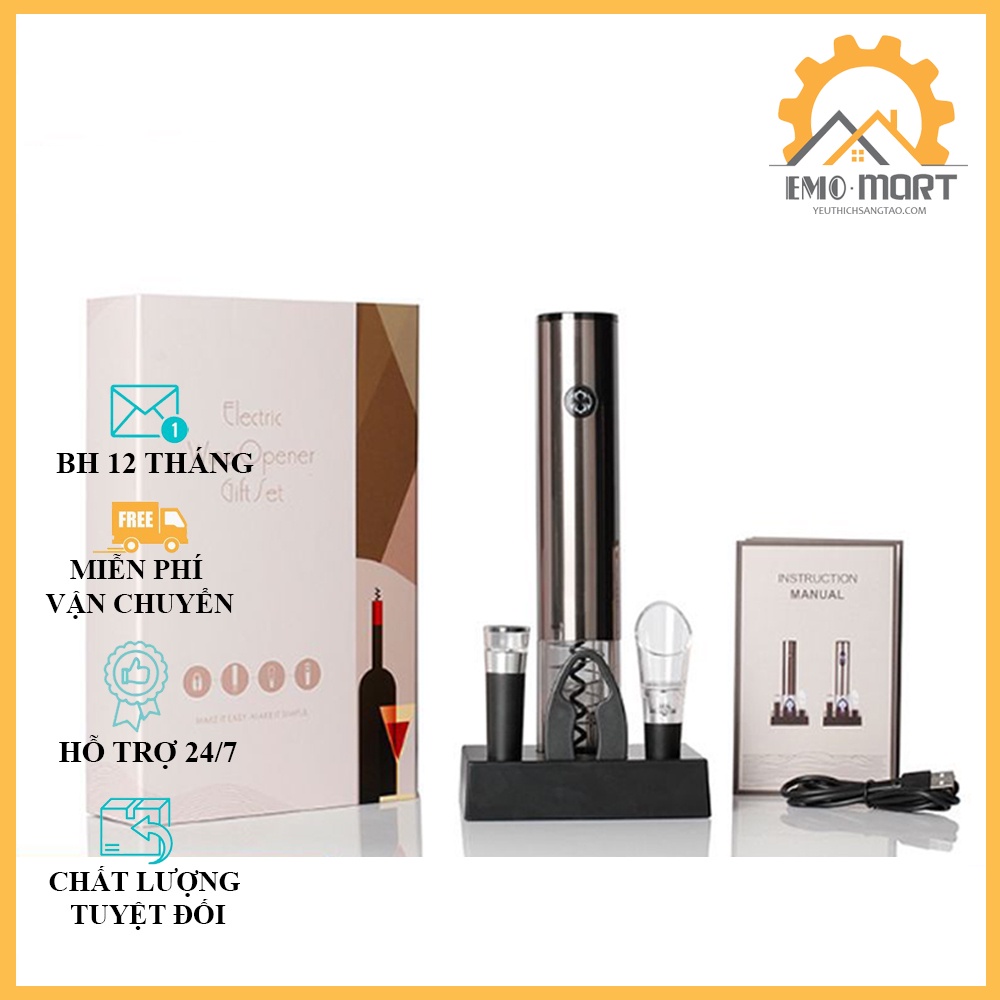 ⚡️𝗕𝗛 𝟭𝟮 𝗧𝗛𝗔́𝗡𝗚⚡️ Bộ Mở Chai Vang Tự Động Pin Sạc ⚡️Kèm máy cắt mở - nút chân không - phễu rót - đốc sạc dây sạc usb