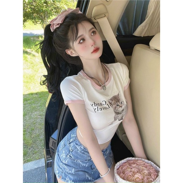 Áo croptopy borip phối viền in mèo cute