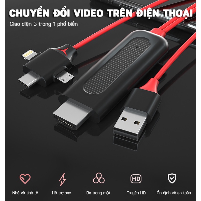 Cáp Chuyển Tín Hiệu Từ Iphone, Android Sang Tivi Lightning, Micro USB, Type-C  to HDMI Hỗ Trợ FULL HD 1080P Dài 2M