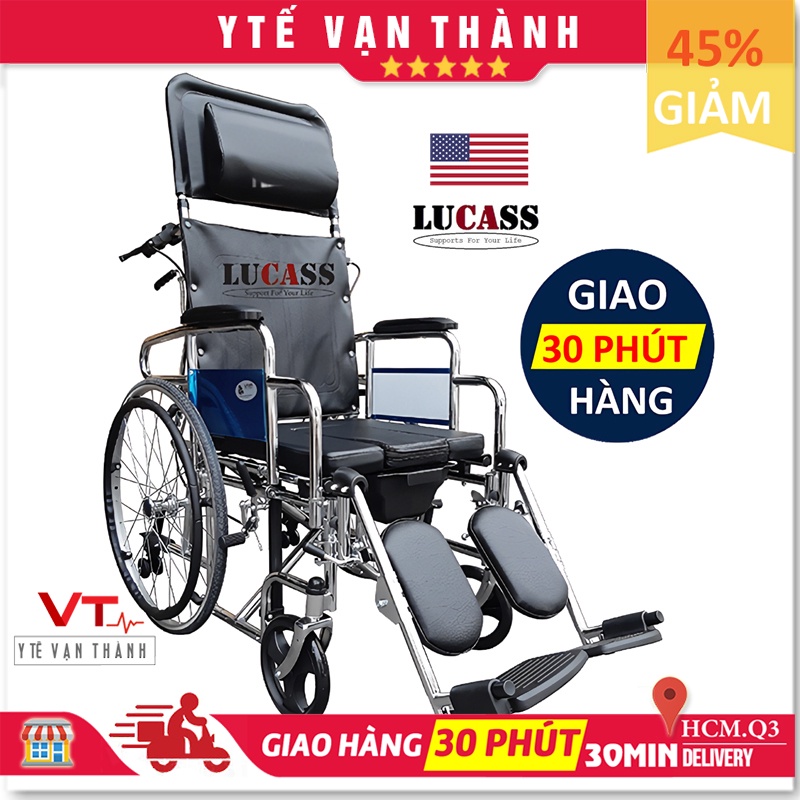 ✅ [MẪU MỚI] [CAO CẤP - LUCASS] Xe Lăn Nằm Có Bô Vệ Sinh Lucass X-607 (2 Bánh Chống Lật) - VT0377