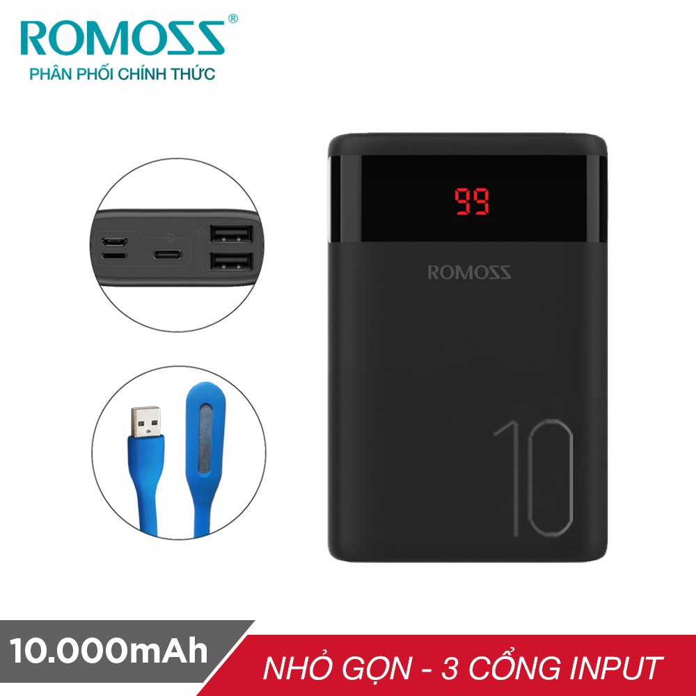 Pin sạc dự phòng Romoss Ares 10 10.000mAh màn hình LED 3 cổng input tặng đèn LED USB -