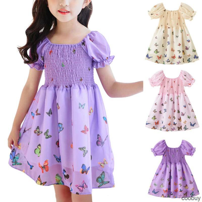 Đầm Xòe Ngắn Tay In Hình Bướm Cho Bé Gái