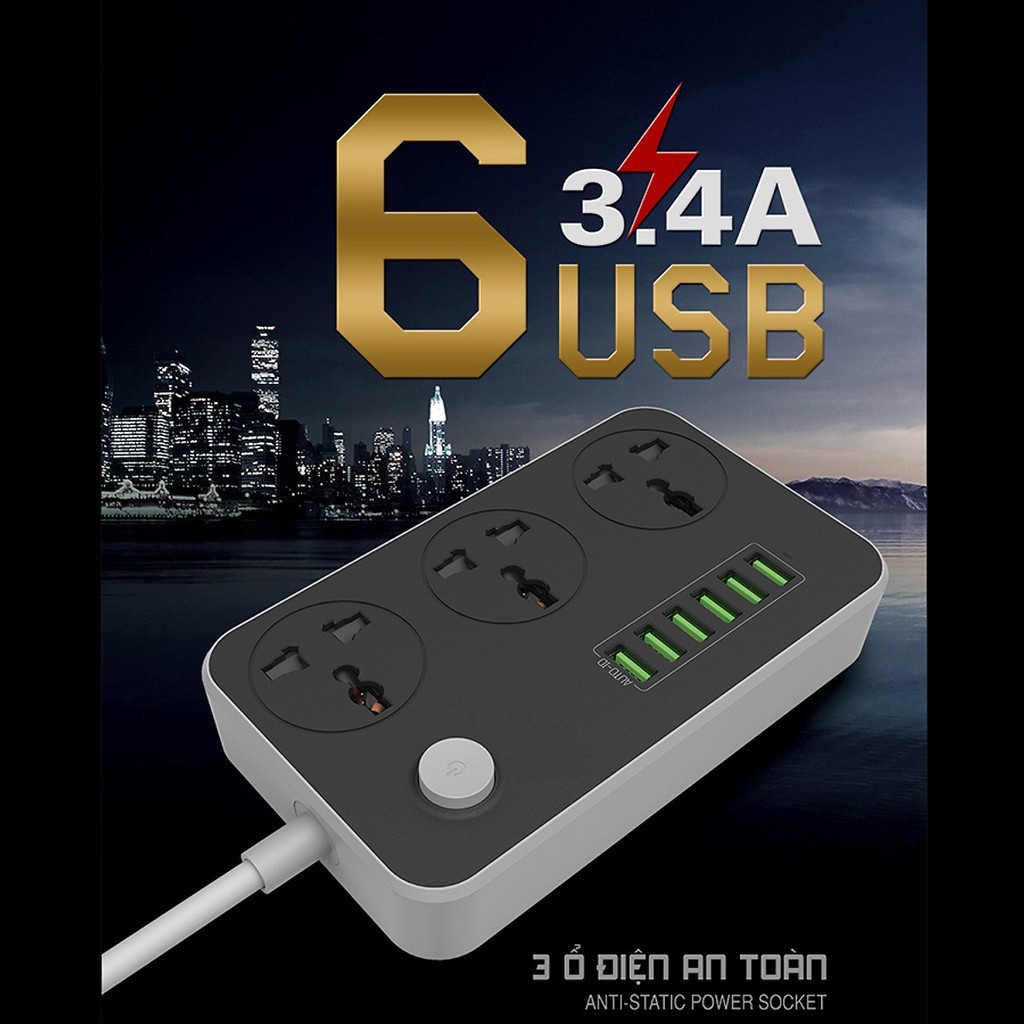 Ổ Cắm Điện Đa Năng Thông Minh Tiêu Chuẩn EU - 6 Cổng USB Hỗ Trợ Sạc Nhanh 3.4A Tích Hợp IC Chống Cháy, Nổ, Quá Tải