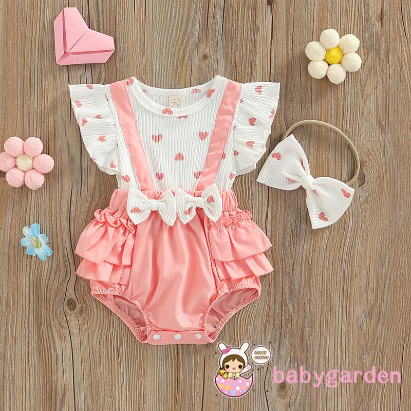 Bộ Áo Liền Quần Tay Cánh Tiên In Họa Tiết Trái Tim Cho Bé Gái