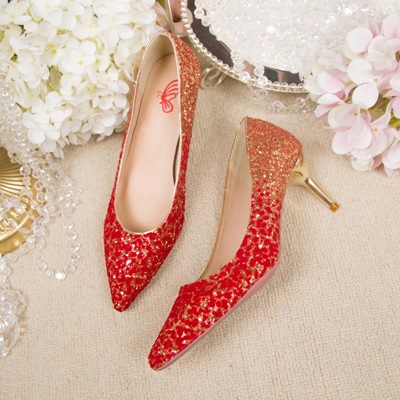 Giày Cao Gót Mũi Nhọn Đính Đá Pha Lê Màu Sắc Gradient Phong Cách Trung Hoa Cho Nữ