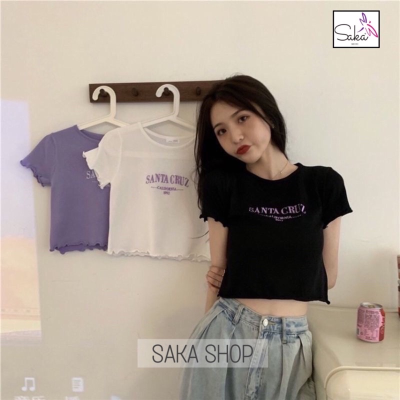 Áo croptop nữ tay ngắn thun cuốn biên thêu chữ màu tím sake dễ thương