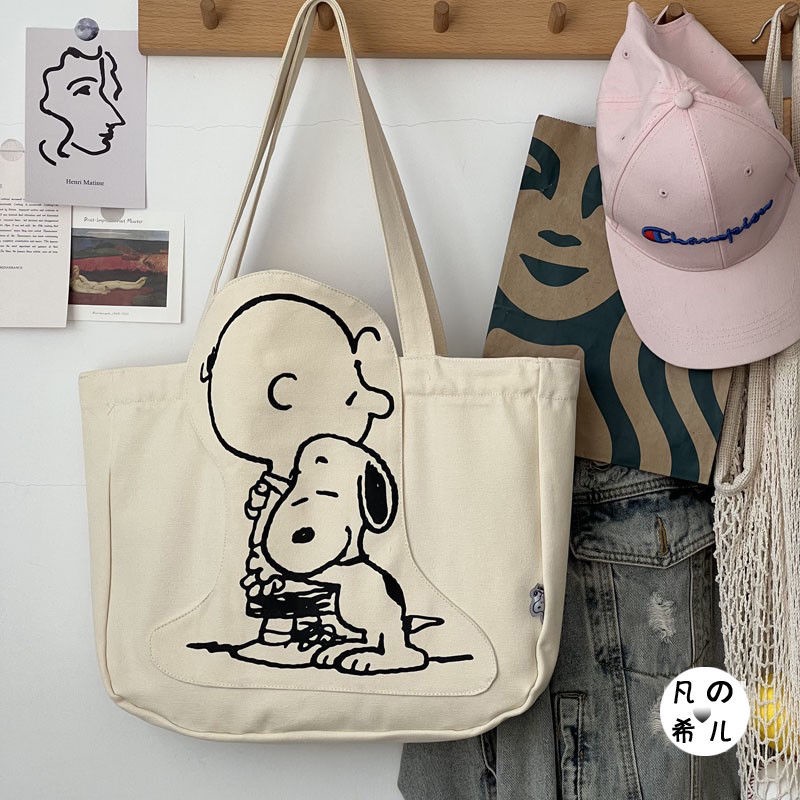 Túi Xách Canvas Cỡ Lớn Thêu Họa Tiết Hoạt Hình Snoopy / Charlie Dễ Thương Cho Nữ