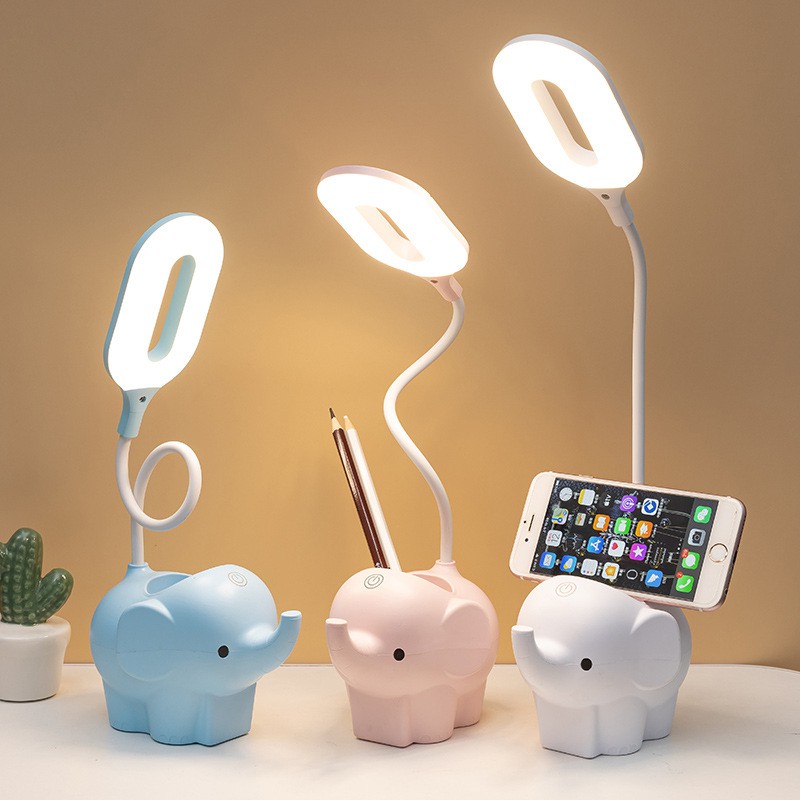 Đèn bàn học sạc tích điện Con Voi 4 chế độ có giá để điện thoại, Đèn Led đọc sách chống cận cho học sinh