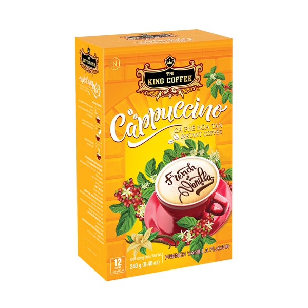 Cà Phê Hòa Tan Cappuccino KING COFFEE - Hộp 12 gói x 20g - Hương Vị Vani Pháp với Lớp bọt kem cực mịn