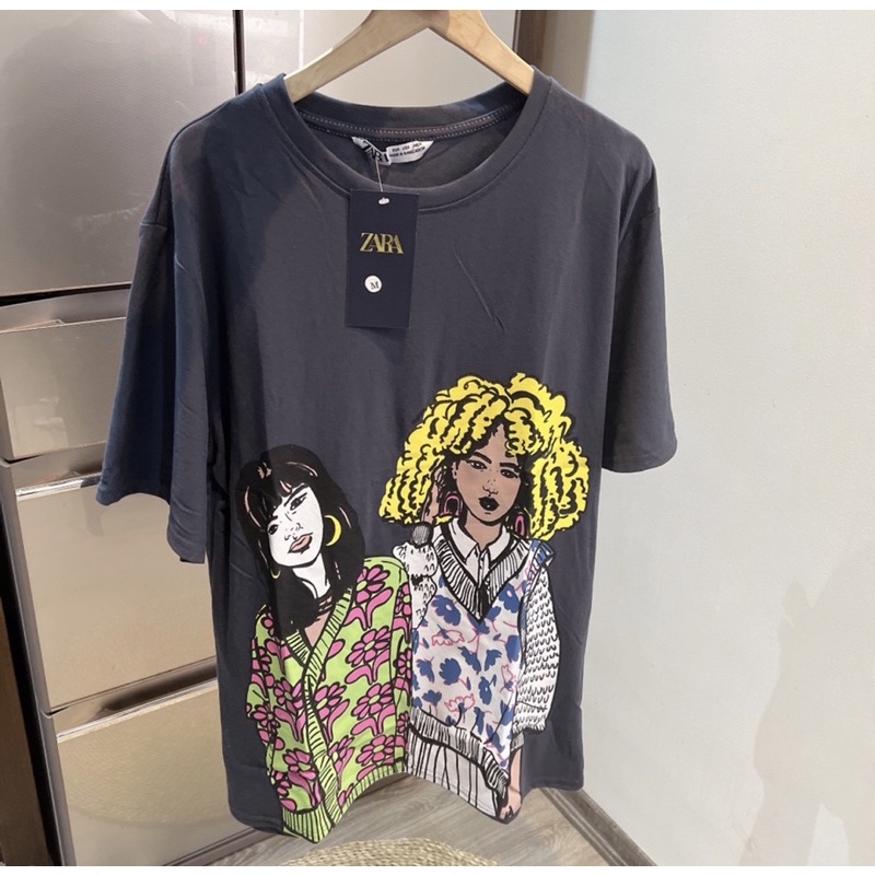 Áo Phông Za.Ra Tuồn Form Rộng, Áo Thun In Hình 2 Cô Gái Hàng QC (Hình Thật Shop Chụp)