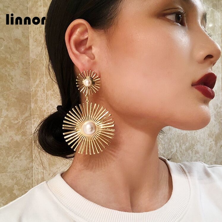 Khuyên Tai Kim Loại Đính Ngọc Trai Nhân Tạo 8.4CM Thời Trang