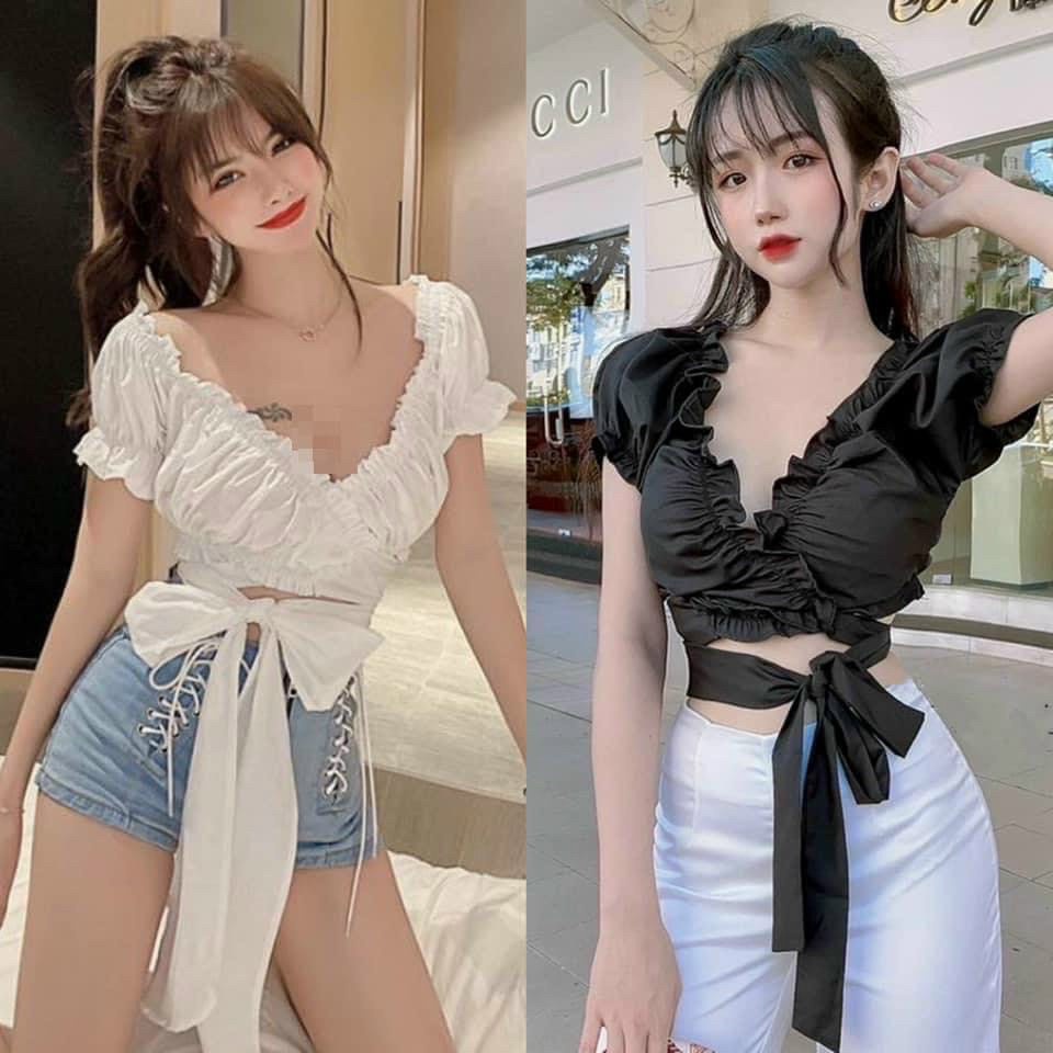 Áo kiểu croptop cổ V đắp chéo buộc dây eo xinh tay bồng chất kate voan mềm
