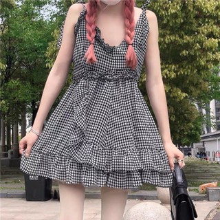 [Có Sẵn ]  Đầm 2 dây kẻ caro