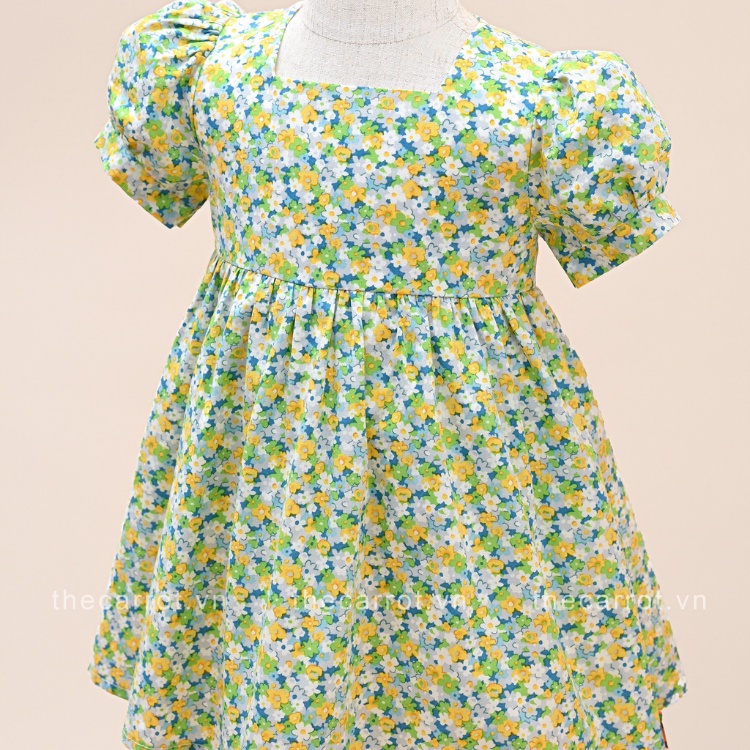 Váy tay bồng CARROT cho bé gái, họa tiết hoa xanh vàng, dáng baby doll, chất Thô cotton thoáng mát thấm hút mồ hôi tốt
