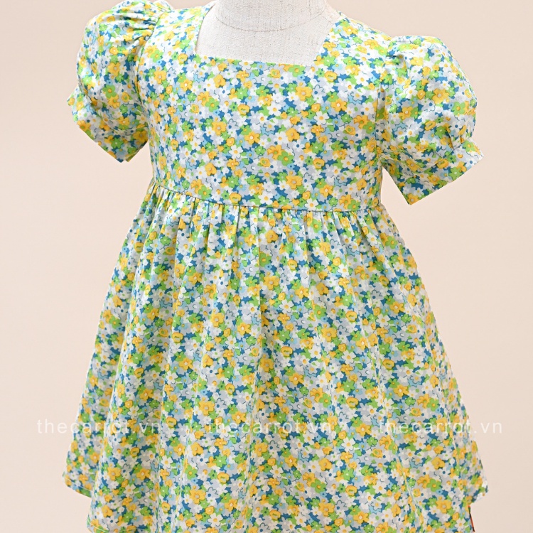 Váy Tay Bồng Carrot Cho Bé Gái, Họa Tiết Hoa Xanh Vàng, Dáng Baby Doll, Chất Thô Cotton Thoáng Mát Thấm Hút Mồ Hôi Tốt
