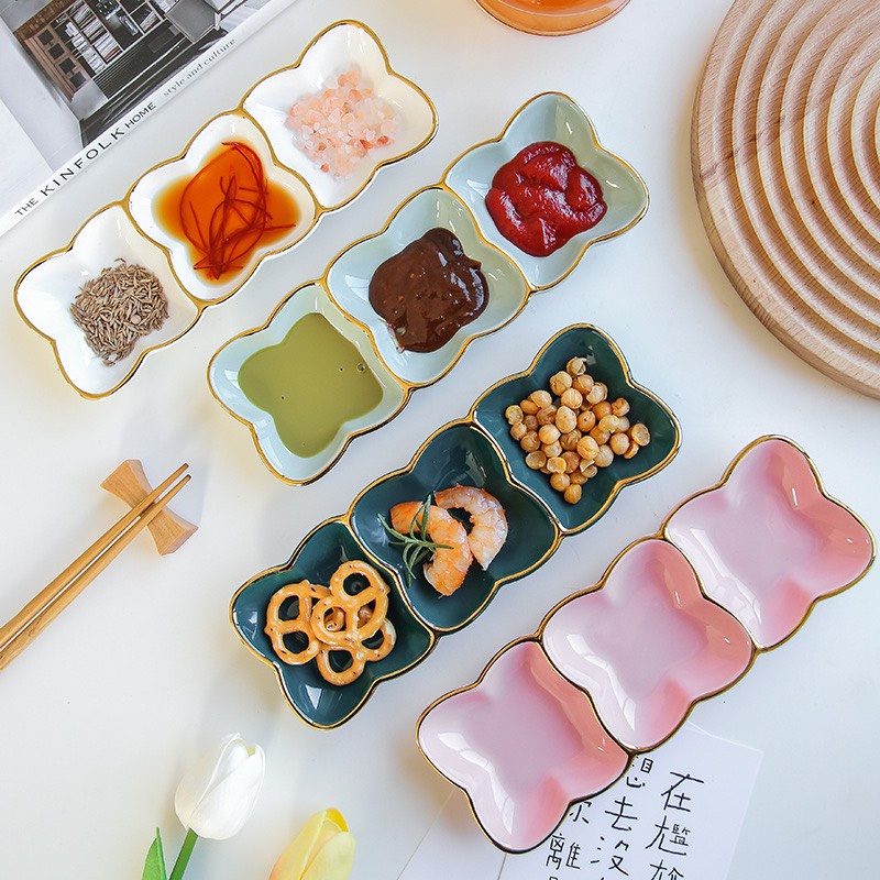 Khay decor gia vị hoa 3 ngăn viền vàng vừa sang chảnh,vừa tiện lợi