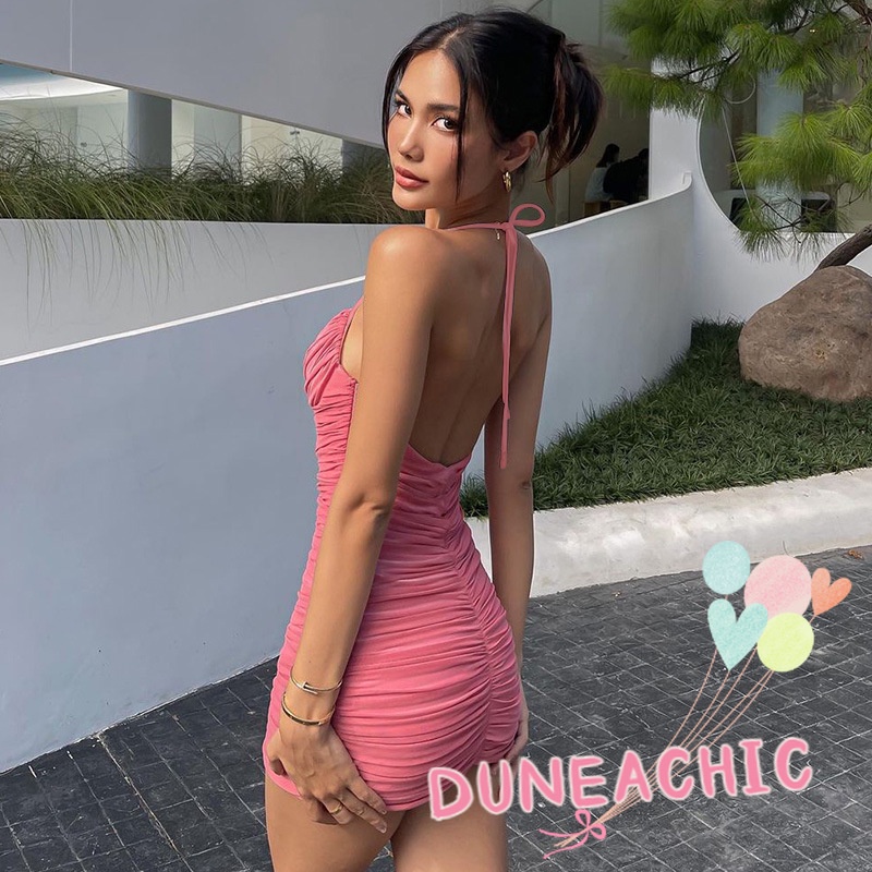 DUNEA Đầm không tay hở lưng xếp ly thời trang