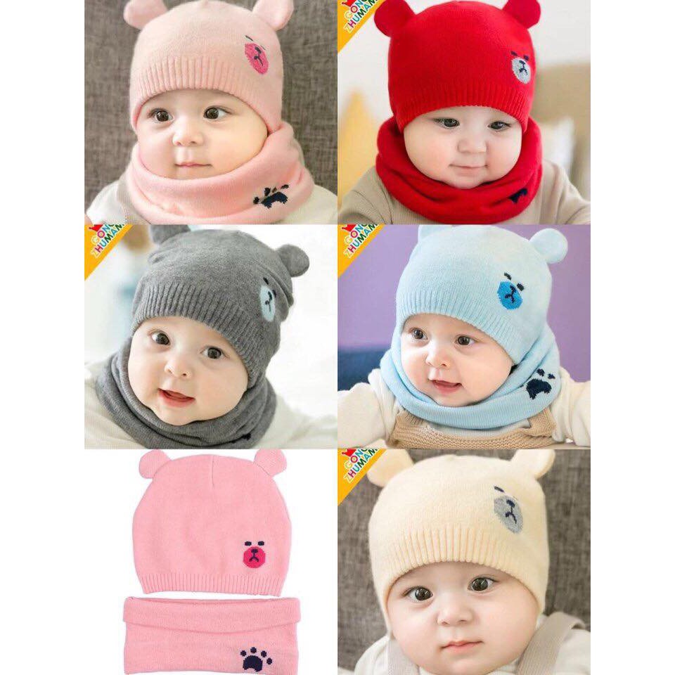 Set khăn ống mũ len tai gấu