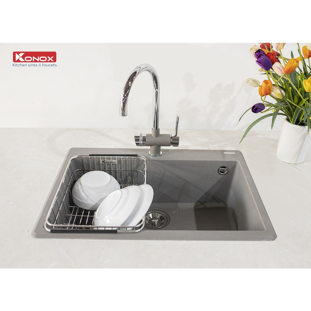 Vòi rửa bát 3 đường nước KONOX Trim-water Grey, hợp kim đồng 61% tiêu chuẩn Châu Âu CW617N, bề mặt công nghệ PVD Grey