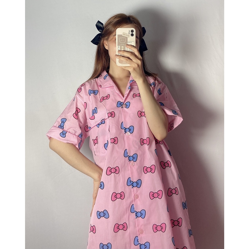 Đầm Ngủ Thái Tay Ngắn Viền Bèo Hoạ Tiết Hình Nơ mèo Hoạt Hình mẫu 112 | BigBuy360 - bigbuy360.vn