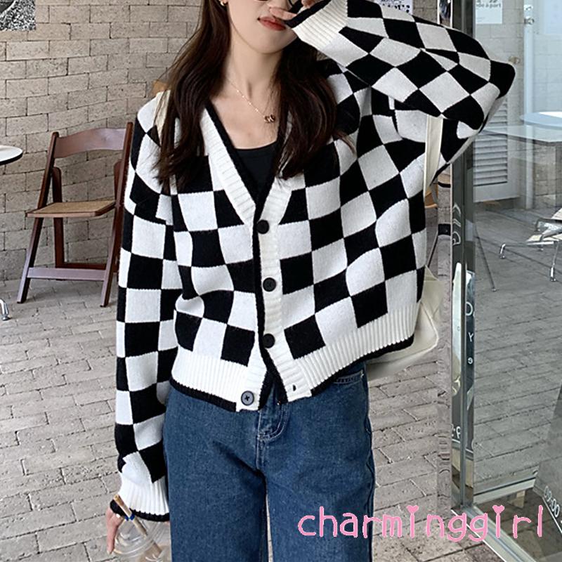 Áo khoác cardigan dệt kim cổ chữ V tay dài dáng rộng in họa tiết kẻ ô phối nút cho nữ