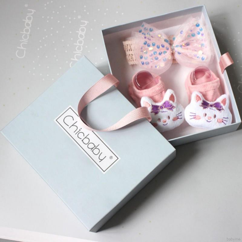 Baby Socks And Headband Set Lovely Flowers Decorated Anti-Slip Ankle Socks Elastic Hair Band Set