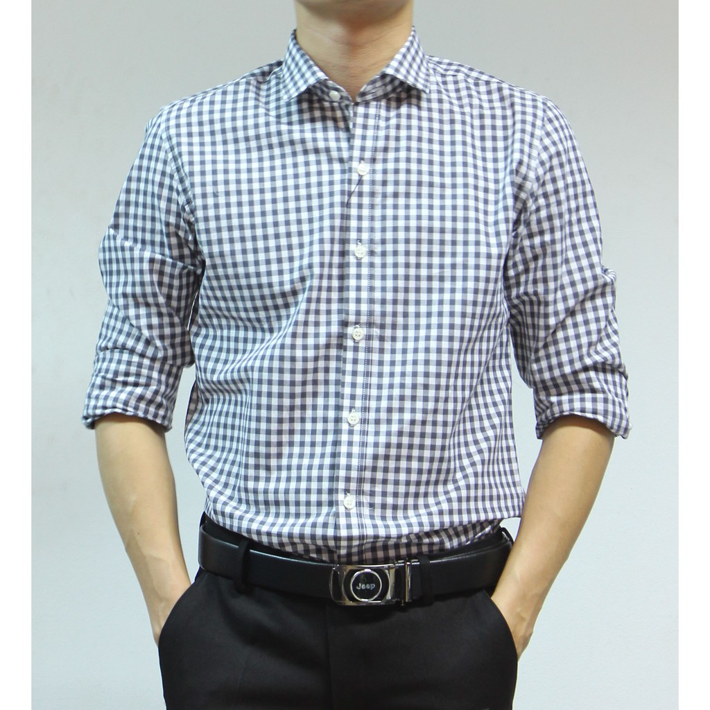 Áo sơ mi dài tay nam kẻ caro xanh dương chất vải mềm dáng body cho nhiều lứa tuổi