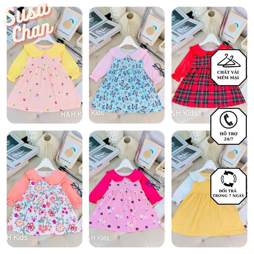 Váy đầm bé gái MINKY MOM Chính Hãng tay dài phối cổ bèo dễ thương cho bé size 10-20kg
