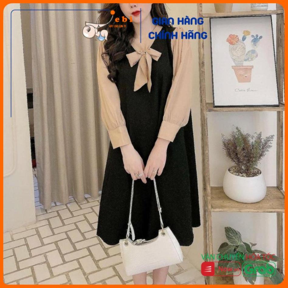 Váy bầu công sở - đầm suông bầu chất lụa hàn tay phối be có nơ buộc BN20 - Jebi