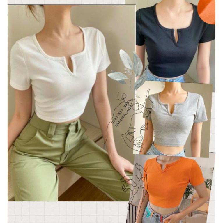 Áo Thun Croptop Tay Ngắn Cổ Chữ V Trái Tim Cá Tính Cam Đen Trắng Xám Xanh Than SHTACR02