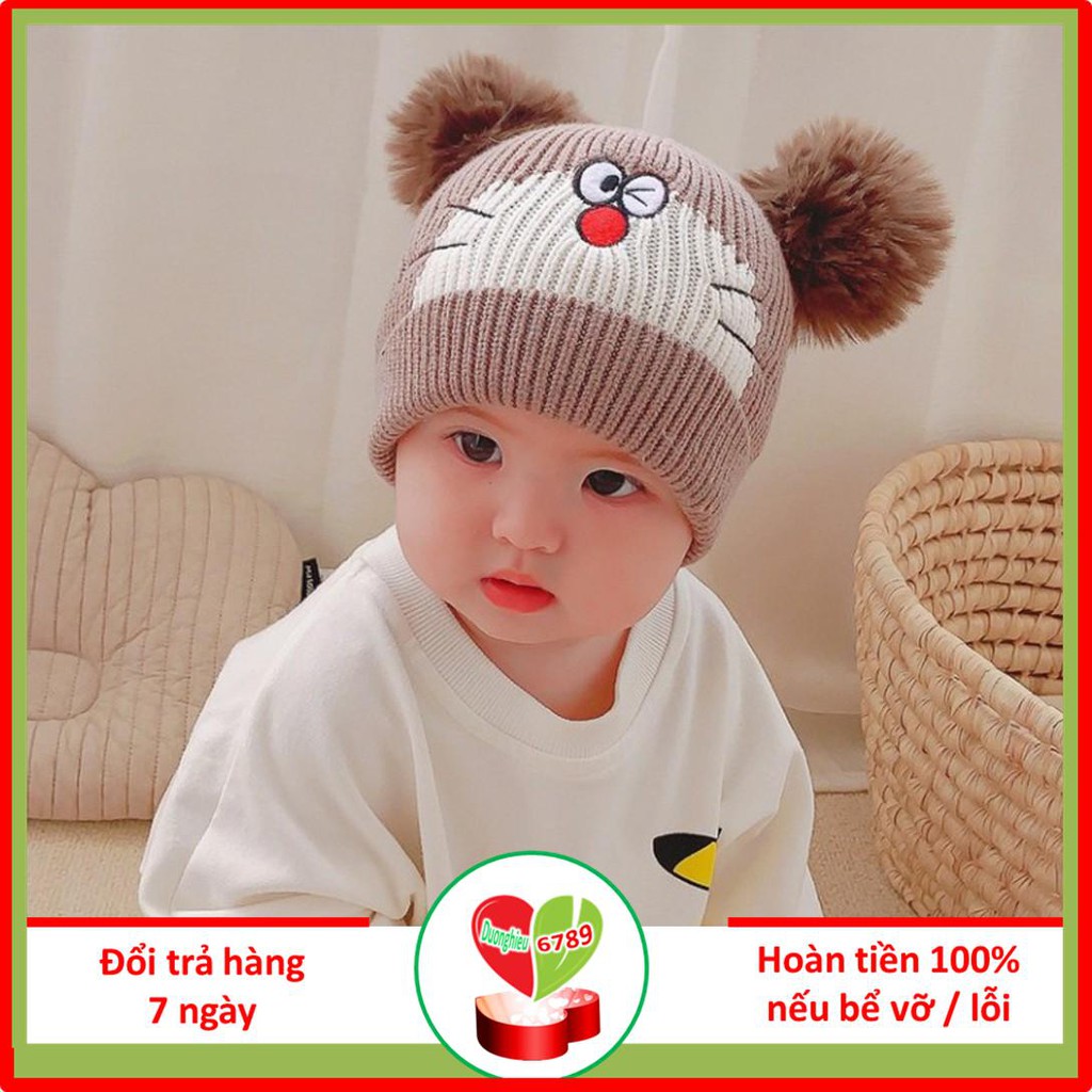 Mũ nón len Mèo Doremon đội mùa đông cho bé trai bé gái dưới 1 tuổi có Hai Quả Bông hình Mèo Doremon 2020 - Duonghieu678
