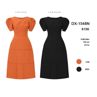 Váy xòe vai bồng Lynran Đầm xòe Cutout ngang thân Váy DX-1548N cổ tròn ly chéo ngực sang trọng