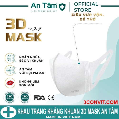 Hộp 50 chiếc khẩu trang y tế  3 lớp Giấy kháng khuẩn & Vải không dệt 3D Mask An Tâm