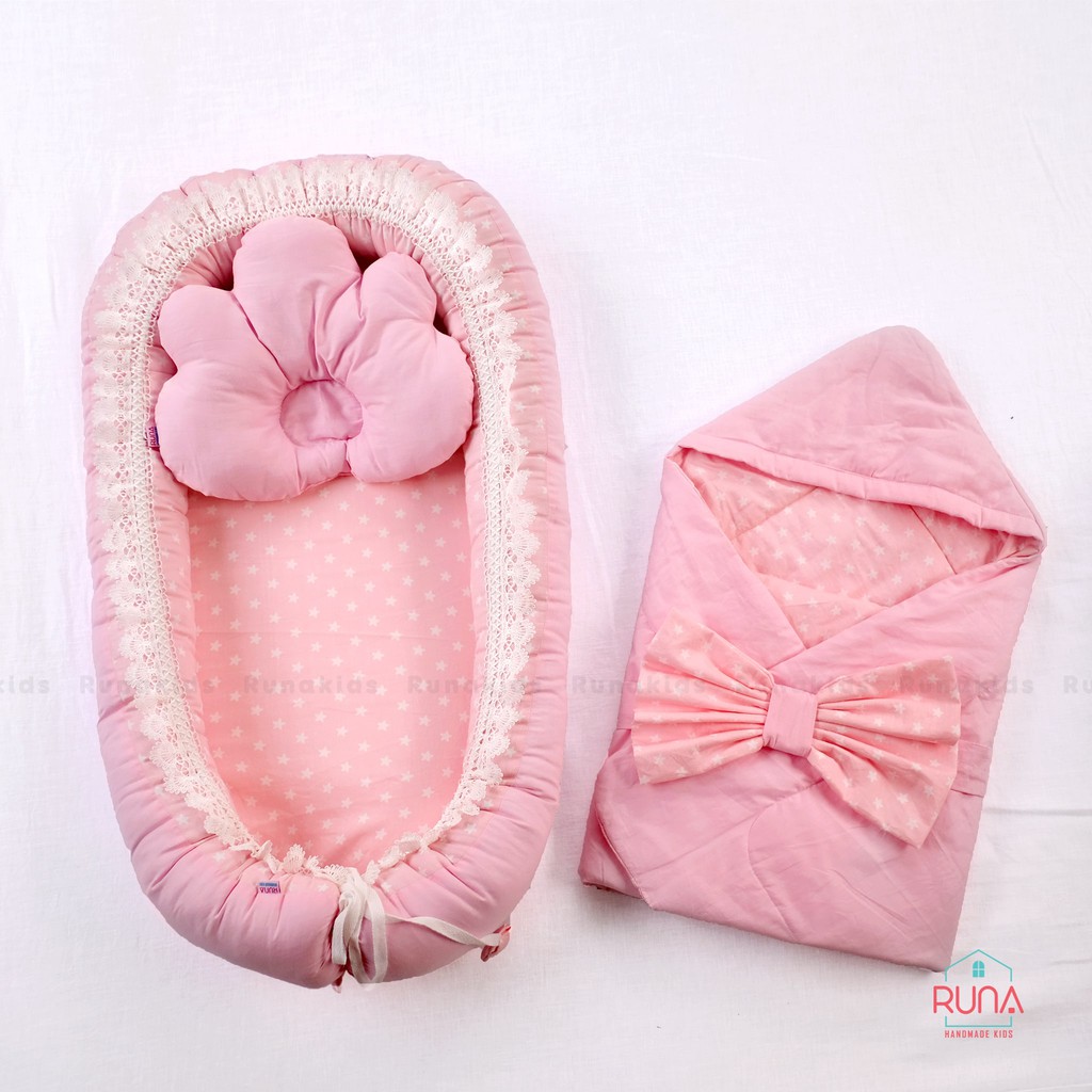 Combo nôi, gối chống bẹt đầu và chăn cho bé sơ sinh RUNA KIDS chất liệu Cotton Hàn 100%, mềm mịn, an toàn cho da bé