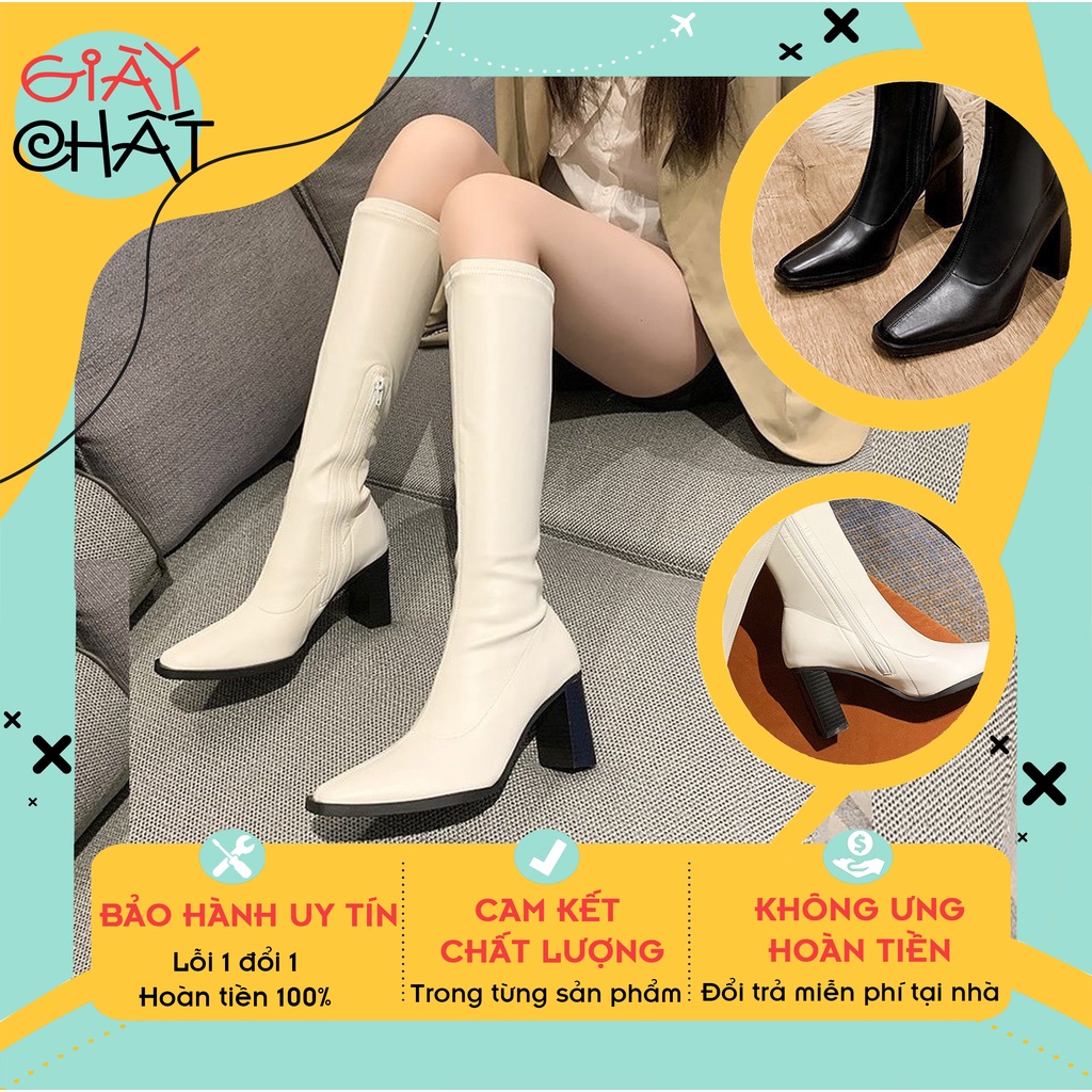 Giày Bốt đùi nữ khoá cạnh ngắn, Bốt nữ cao cổ gót vuông cao 7p chất da bóng phong cách hàn quốc lên form chân chuẩn