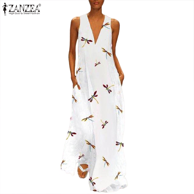 Đầm ZANZEA Không Tay Dáng Rộng In Hình Thời Trang Cho Nữ