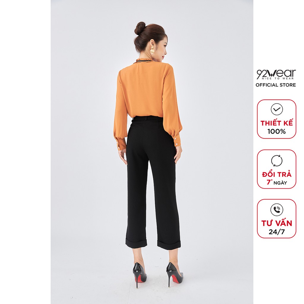Áo sơ mi nữ form rộng 92WEAR dài tay cổ buộc nơ công sở ASA1624