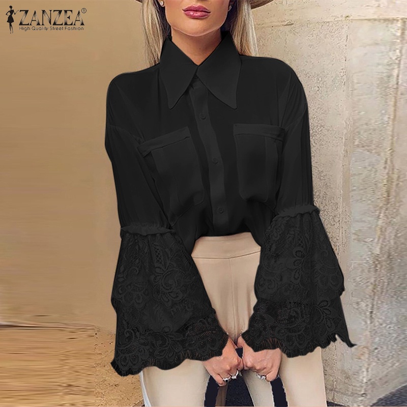 Zanzea Áo Sơ Mi Nữ Dài Tay Cổ Bẻ Phối Ren Thời Trang Châu Âu