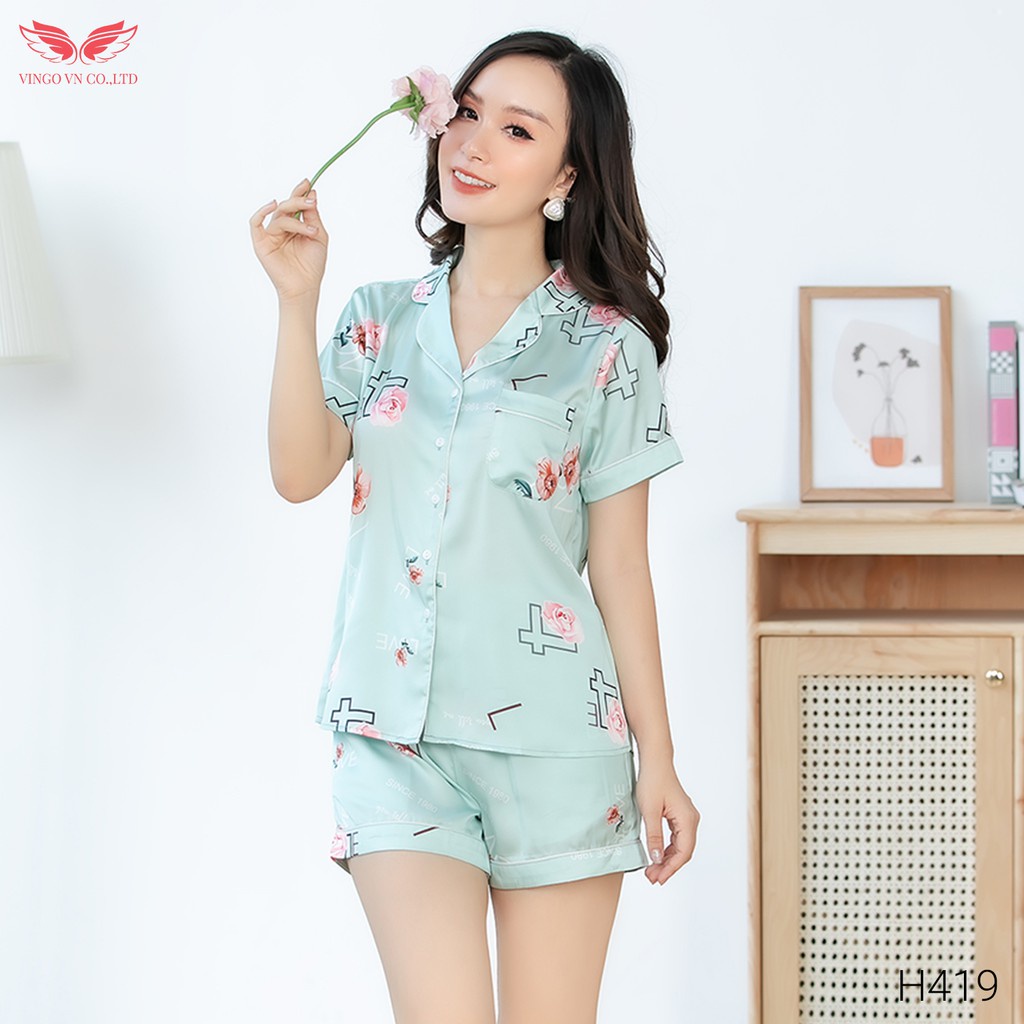 Bộ Đồ Ngủ Pyjama Mặc Nhà VINGO Nữ Lụa Pháp Cao cấp tay Cộc Quần Cộc Họa Tiết Hoa Hồng Chữ Love H419 VNGO - TCQC | BigBuy360 - bigbuy360.vn